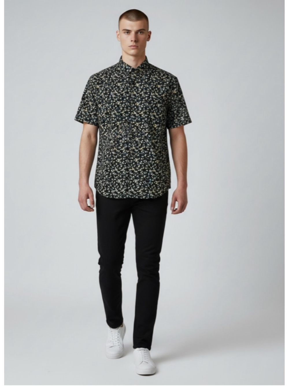 Cactus Man Ricky Singh Floral Button Front Shirt Mens Small Black Short Sleeve
